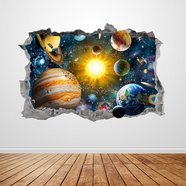 Solar Sytem Wall Decal Smashed 3D Graphic Galaxy Outer Space Wall Art Stickers Mural Poster Kids Room Bedroom Decor Playroom Gift