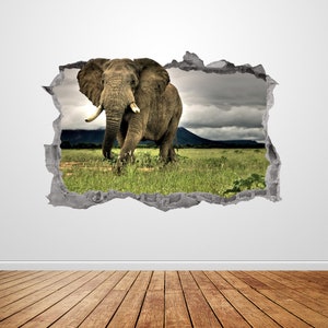 Elephant Wall Decal Smashed 3D Graphic Wild Animal Wall Art Sticker Mural Poster Home Room Decor Gift