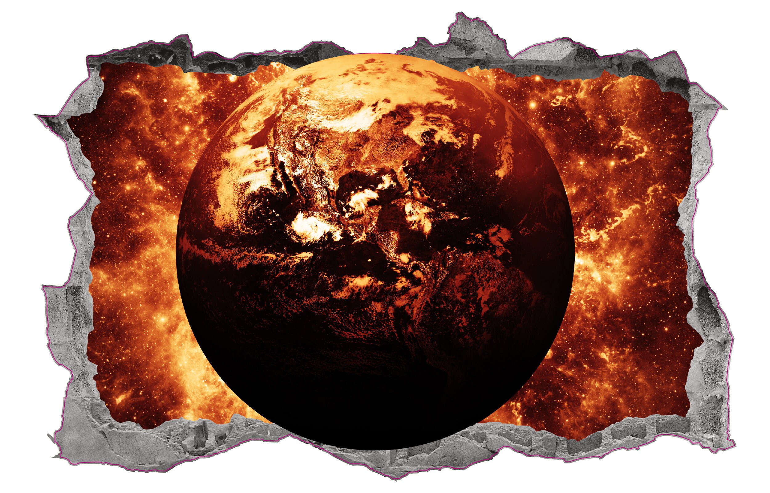 Earth Wall Decal Smashed 3D Graphic Fire Planet Earth Wall Art Stickers ...