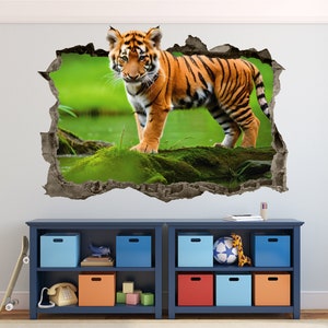 Tiger Wall Decal 3D AI Graphic Wall Art Sticker, Wall Decor, Baby Tiger Wall Sticker Mural Poster Custom Vinyl Kids Bedroom Gift