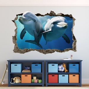 Dolphins Sealife Decal 3D AI Graphic Wall Art Sticker, Wall Decor, Dolphins Wall Sticker Mural Poster Custom Vinyl Kids Bedroom Gift
