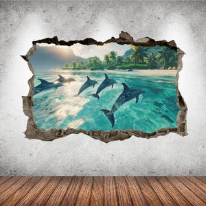 Dolphins Wall Decal Smashed 3D Graphic Animal Ocean Dolphin Wall Decor Art Stickers Mural Kids Room Bedroom Beach House Decor Gift