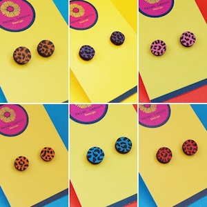 Mini leopard print stud earrings. Hand painted. 11 colours to choose from