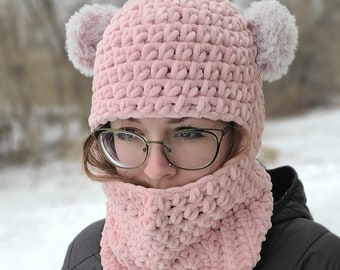 CUSTOMIZABLE Plush Bear Ear Balaclava, Handmade, Crochet, Hood, Hooded Scarf, Faux Fur, Furry, Ski Mask - Made to Order