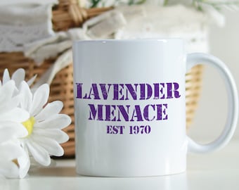 Lesbian Lavender Menace Vintage Style Coffee Mug. Vintage LGBTQ+ Gay Pride, Queer Equality, 1970's Feminist, Queer Equal Rights Movement.