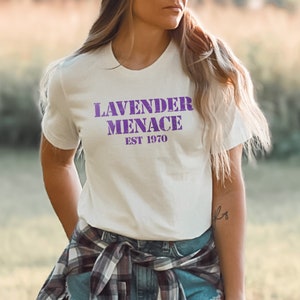 Lavender Menace Vintage Style Graphic TShirt. Retro Lesbian Pride Shirt. LGBTQAI+ Equality. 1970&#39;s Feminist, Queer Equal Rights Movement Tee