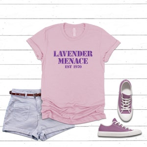 Lavender Menace Vintage Style Graphic TShirt. Retro Lesbian Pride Shirt. LGBTQAI+ Equality. 1970&#39;s Feminist, Queer Equal Rights Movement Tee