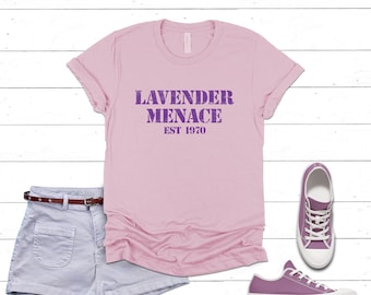 Lavender Menace Vintage Style Graphic TShirt. Retro Lesbian Pride Shirt. LGBTQAI+ Equality. 1970's Feminist, Queer Equal Rights Movement Tee