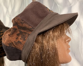 Handmade denim corduroy newsboy patchwork cap 24,4", Boho multicolour jean hat 62cm in street fashion style, Casual falls patchwork hat