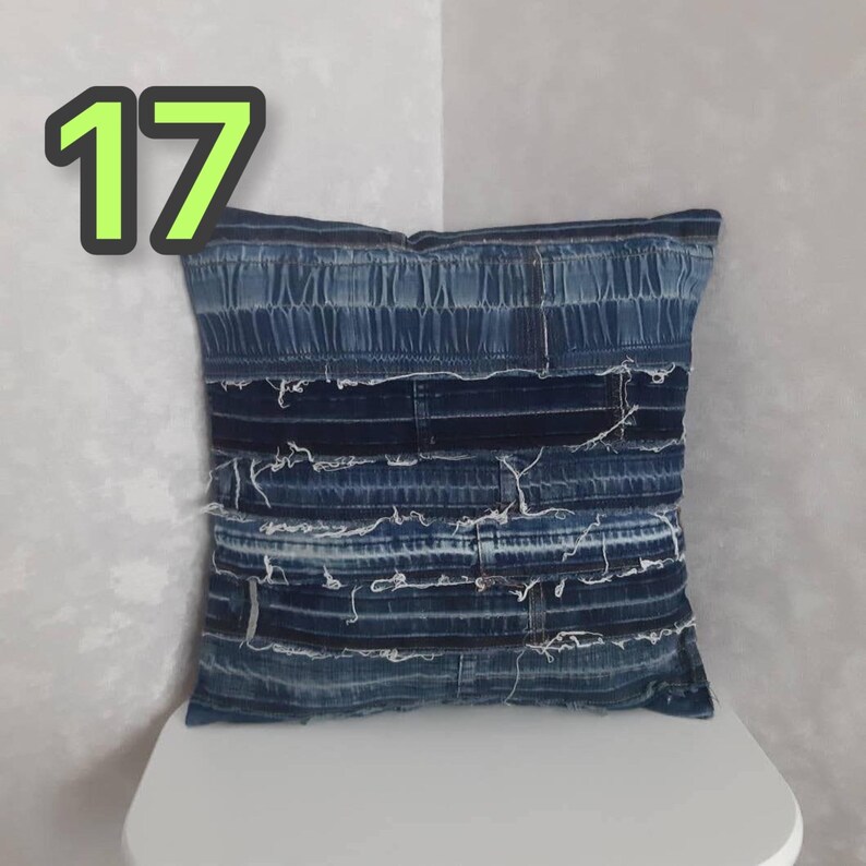 Crazy Patchwork Denim Pillowcase 40x40cm, Blue Boro Pillow Cover, Recycled Jeans Cushion Cover, Boho Farmhouse Throw Pillow, Vintage Denim image 18