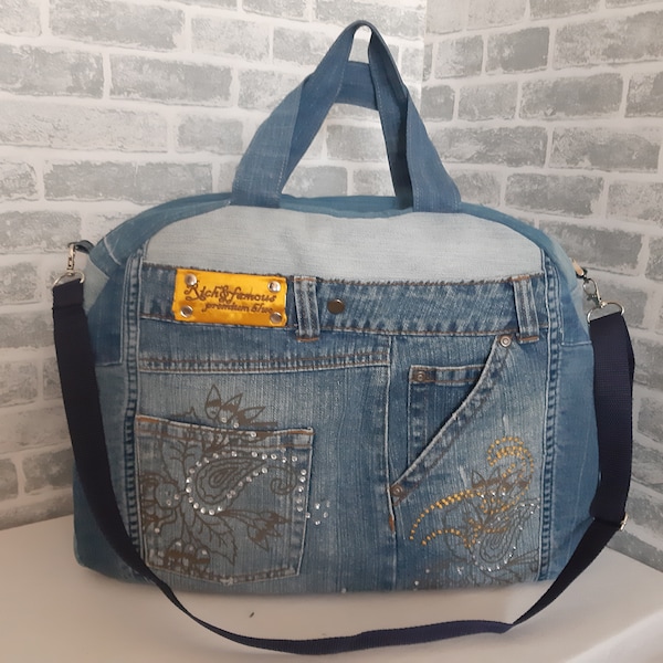 Large travel denim bag, denim shabby tote, weekender denim bag from recycled jeans