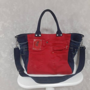 Handmade casual denim tote bag, Red blue denim large bag, Jean patchwork hipster bag, Market tote of shabby jeans