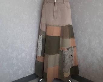 XL Denim patchwork skirt waist 38", Casual long skirt of shabby jeans, Multicolor jean maxi skirt in hipster style