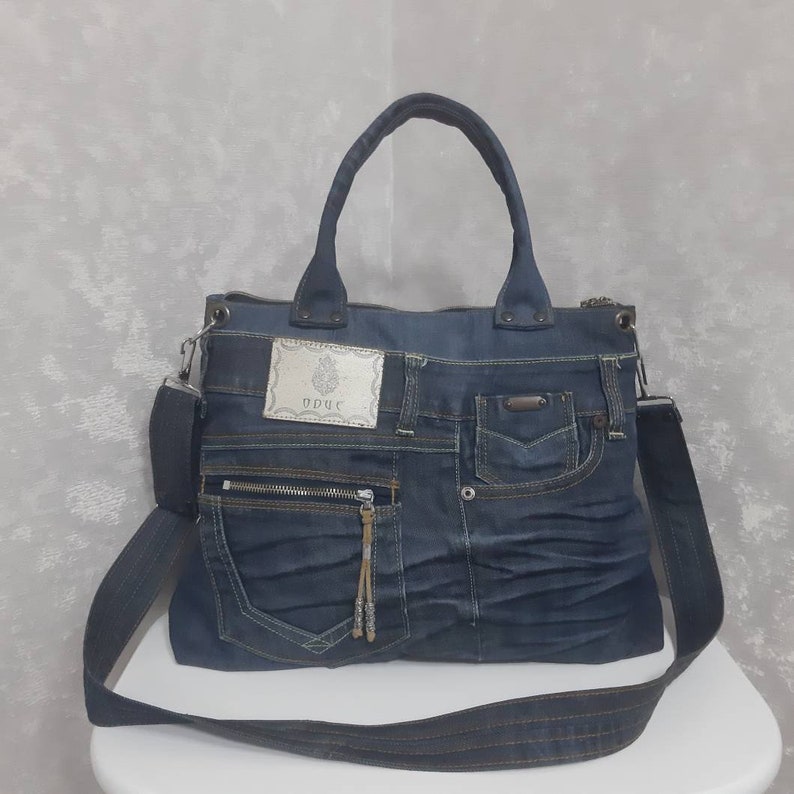 Hobo denim bag medium size, Jean shoulder bag, Casual handbag of jeans, Crossbody purse of shabby jeans image 1