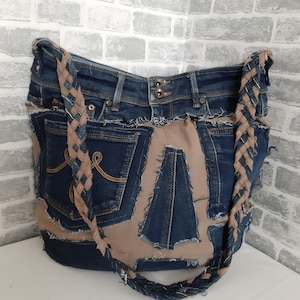 Handmade large hobo denim bag, Jean patchwork tote bag, Casual shoulder bag of shabby jeans