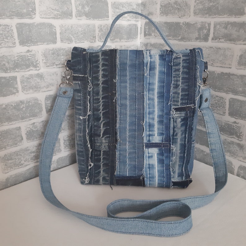 Boro denim handbag Casual patchwork jean bag medium size | Etsy