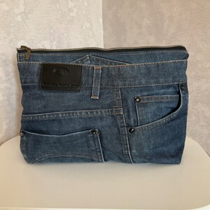 Bolsa de cosméticos grande denim feita à mão para viagem, bolsa jeans azul escuro, organizador grande casual de jeans surrados