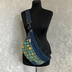 Handmade denim sling bag, Unisex jean fanny pack, Casual travel jean chest bag, Denim crossbody purse