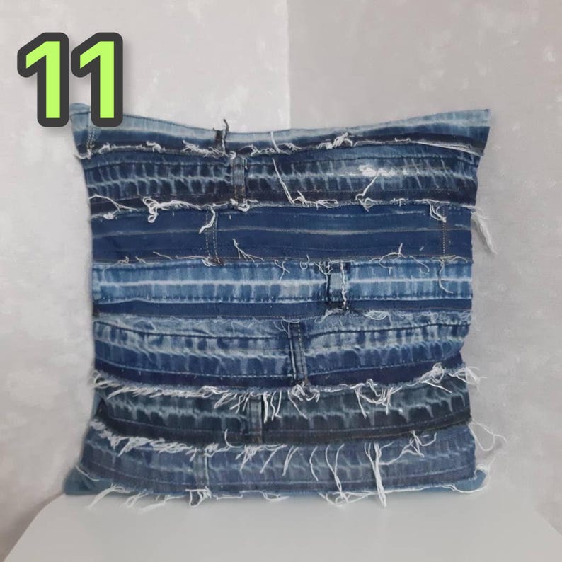 Crazy Patchwork Denim Pillowcase 40x40cm, Blue Boro Pillow Cover, Recycled Jeans Cushion Cover, Boho Farmhouse Throw Pillow, Vintage Denim image 12