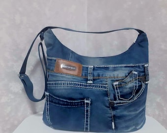 Hobo Denim Bag, Medium Jean Shoulder Bag, Recycled Denim Handbag, Vegan Crossbody Purse, Casual Blue Jean Tote, Upcycled Denim Hobo Bag