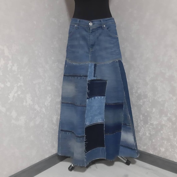 XL Denim Patchwork Skirt Waist 36 Casual Long Skirt of - Etsy