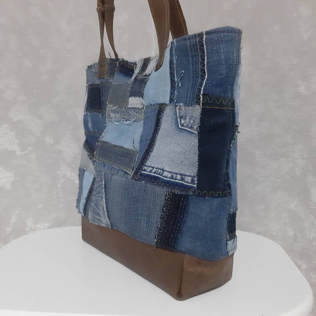 Denim Leather Patchwork Top Handles Bag Casual Jeans Bag - Etsy
