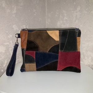 Bolsa clutch de couro com patchwork feito à mão, Bolsa de pulso casual com remendos de couro desgastado, Bolsa clutch de couro para noite