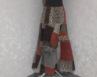 Falda vaquera patchwork hecha a mano talla 2XL, cintura 43", falda larga informal de estilo shabby chic, falda maxi vaquera multicolor de estilo gitano