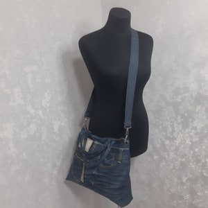 Hobo denim bag medium size, Jean shoulder bag, Casual handbag of jeans, Crossbody purse of shabby jeans image 4