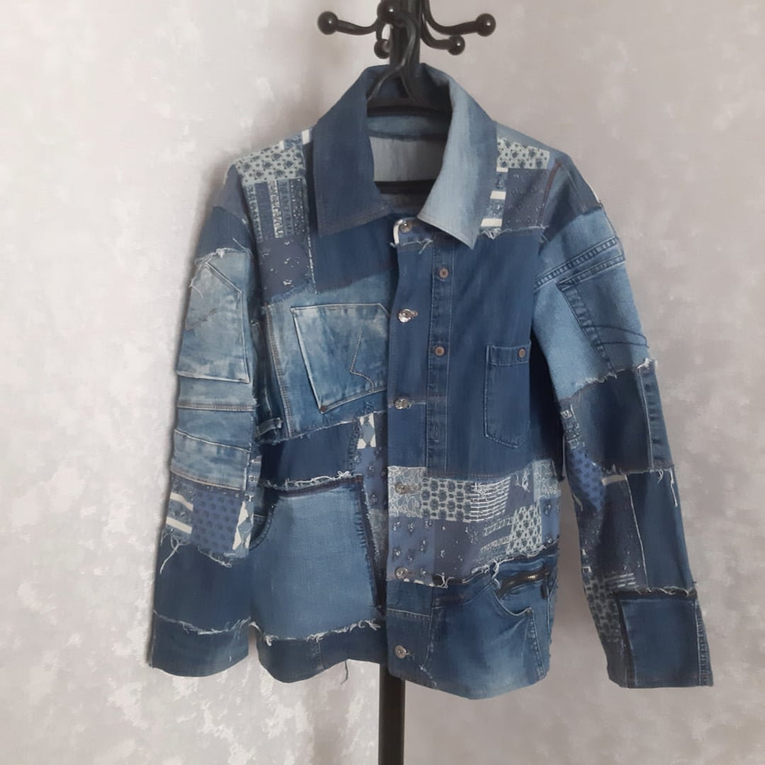 Blue Jacket Patchwork Handmade Mens Patchwork Denim Blue Jacket Size XL, Boro Jacket in ...