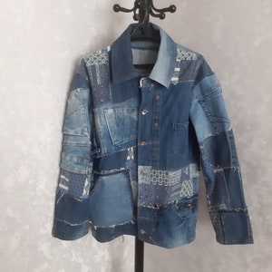 Herren Patchwork-Jeansjacke XL, Boro-Denim-Jacke, Recycled Jeans Mantel, Upcycled Blue Jeansjacke, Hipster Unisex-Denim-Oberbekleidung