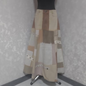 Handmade XL Denim patchwork skirt waist 37&quot;, Casual long skirt of shabby jeans, Multicolor jean maxi skirt in hipster style