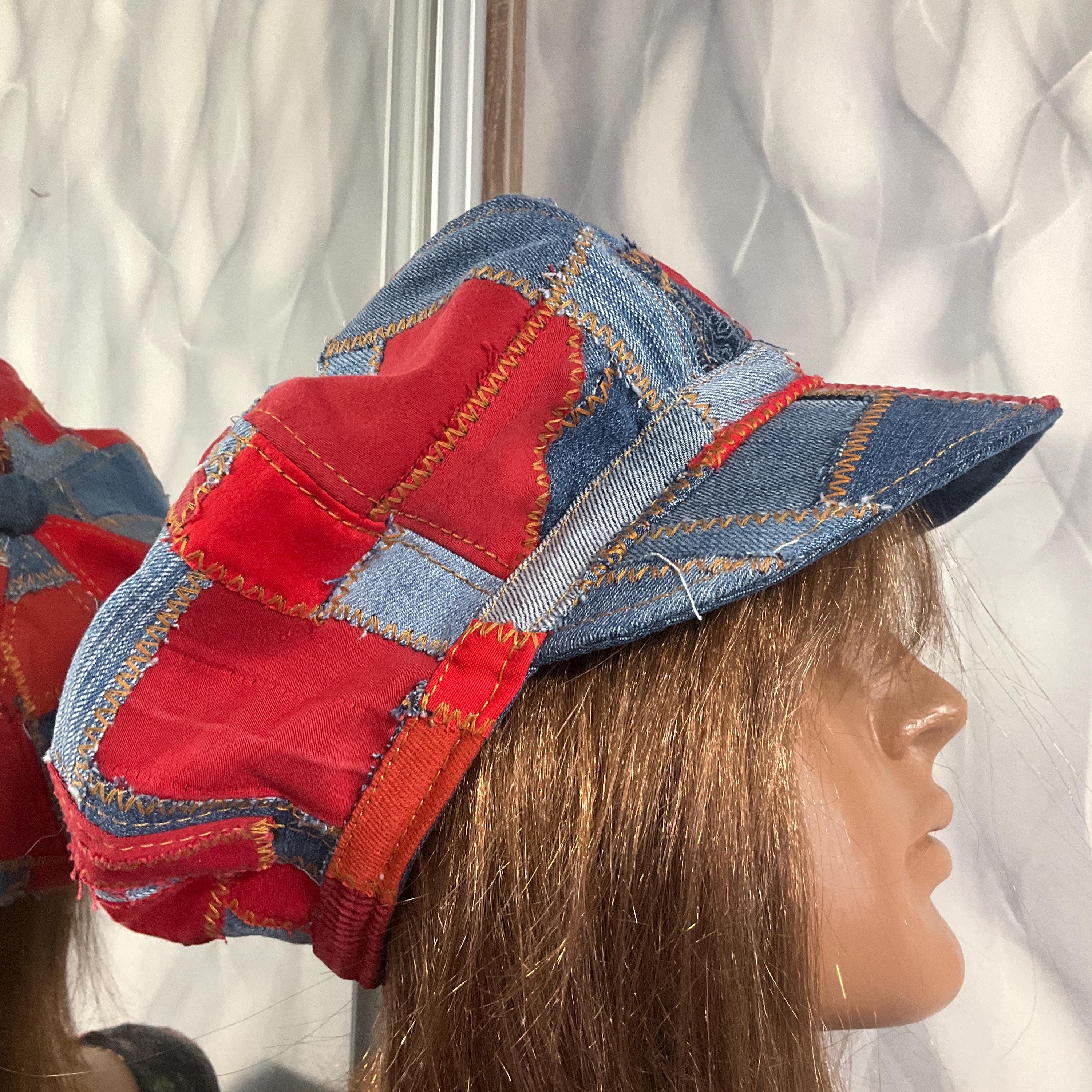 VTG 70s Patchwork Denim Newsboy Cap Reversible Paisley Baker Boy Hat Hippie Y2K Handmade Corduroy Newsboy Cap, Paisley Mushroom Print, Faux  main image 2
