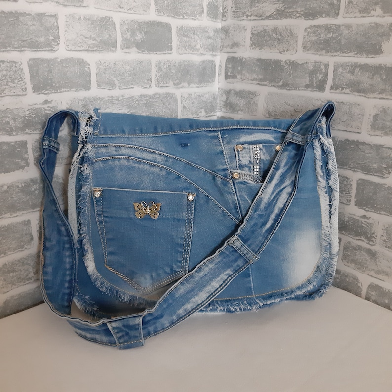 Denim messenger bag Casual denim bag medium size Blue boho Etsy