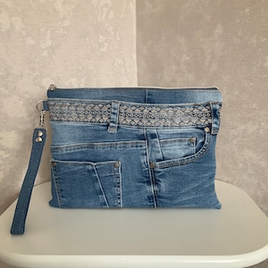 Casual denim clutch bag, Evening large clutch of shabby jeans with additional wrist strap, Denim tablet purse