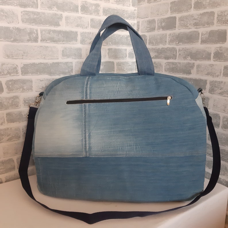 Large travel denim bag, denim shabby tote, weekender denim bag from recycled jeans image 2