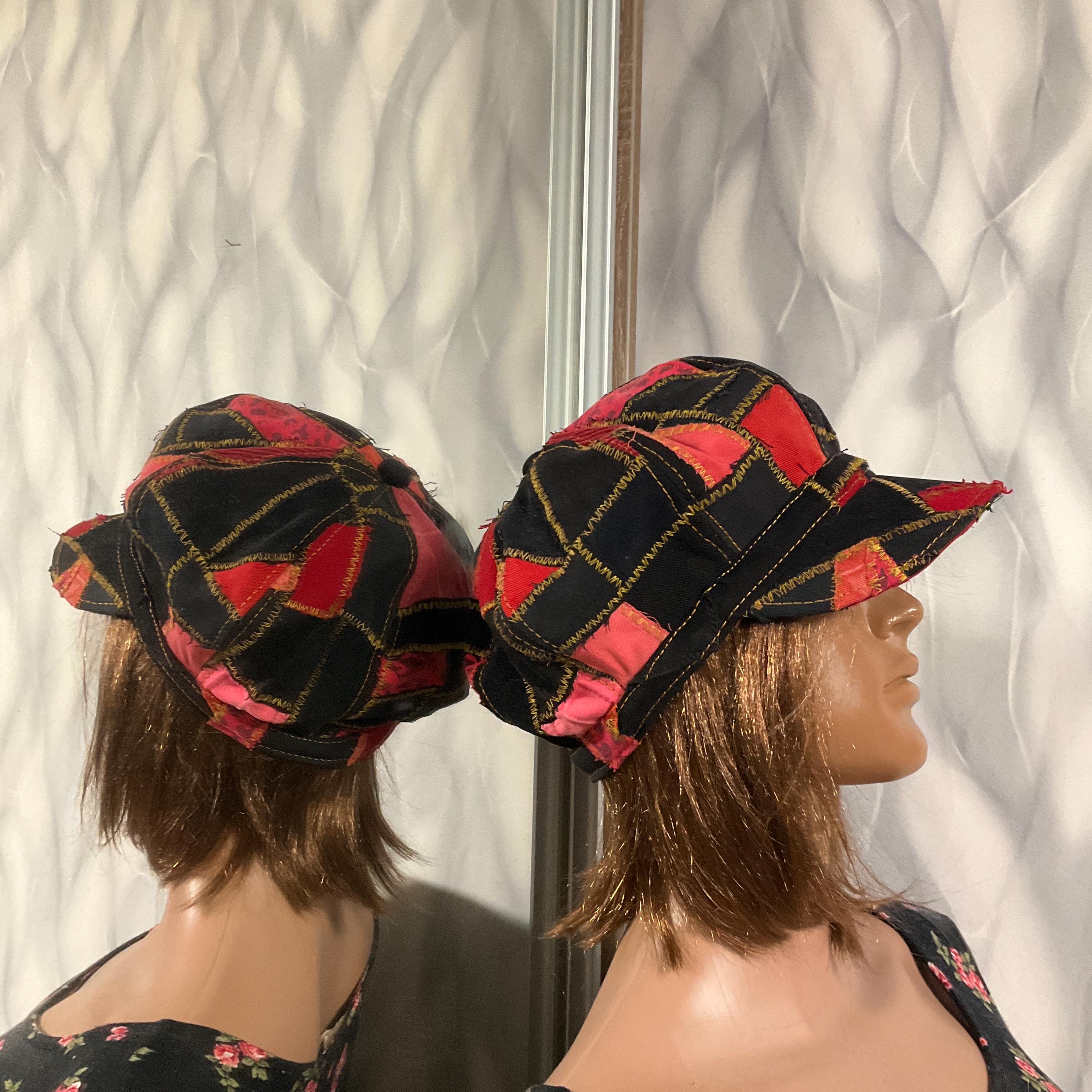Denim Patchwork Newsboy Cap 61cm/24”, Boho Red Black Jean  display picture 1
