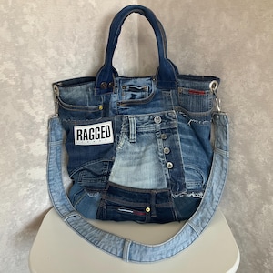 Handmade blue denim patchwork bag, Casual tote of recycled jeans, Denim shabby shoulder bag, Crossbody large bag