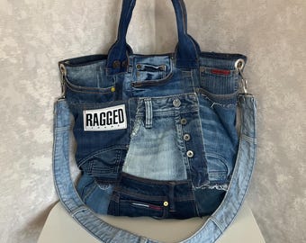 ハンドメイド パッチワーク デニムバッグ 特大トート ショルダーバッグ
