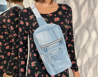 Denim blue sling bag, Unisex jean fanny pack, Casual travel jean chest bag, Denim crossbody purse, Bag of shabby jeans