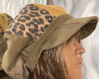 Handmade denim corduroy newsboy patchwork cap 22.4", Boho multicolor jean hat 57cm in street fashion style, Fabric falls patchwork hat