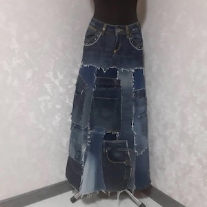 Handmade M denim patchwork skirt waist 31&quot;, Casual long skirt of shabby jeans, Dark blue jean skirt in hipster style