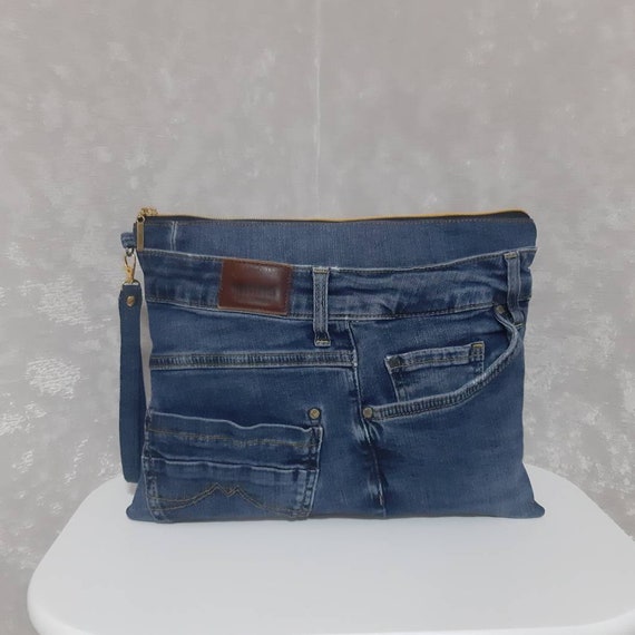 Vintage boro denim clutch bag, Blue clutch of distressed jeans, Casual jean  bag