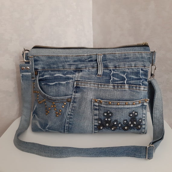 Large denim cosmetic bag for travel with optional adjustable | Etsy