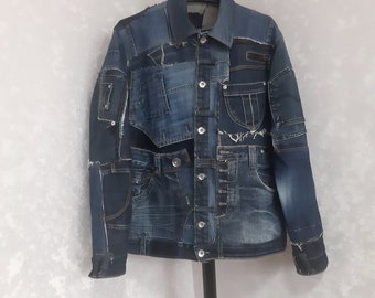 Chaqueta vaquera patchwork para hombre, talla L/XL, chaqueta vaquera reciclada estilo Boro, abrigo vaquero reciclado, chaqueta hipster patchwork azul desgastada