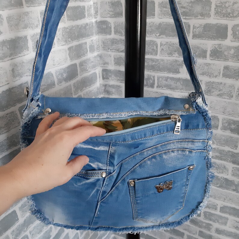 Denim messenger bag Casual denim bag medium size Blue boho Etsy