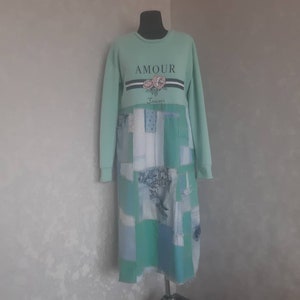 Boho patchwork dress, Turquoise denim dress, Mint soft dress in street fashion style