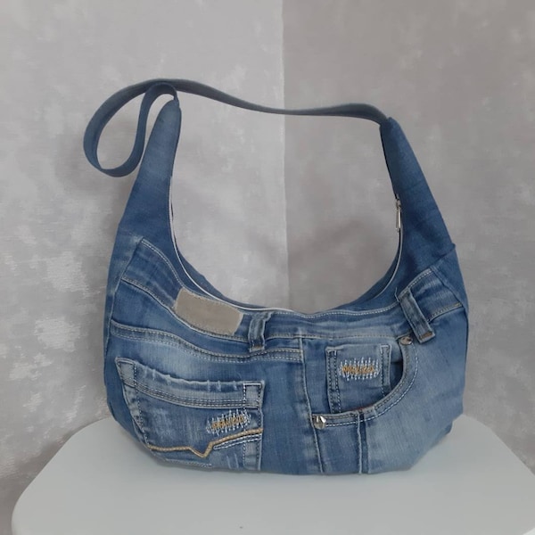 Denim slouchy bag, Casual hobo bag of shabby jeans, Jean purse medium size