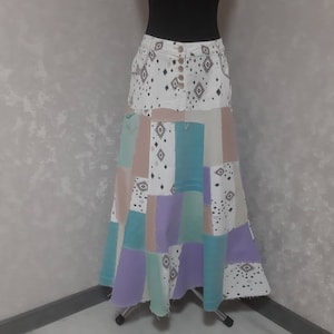 Handmade 2XL Denim patchwork skirt waist 41&quot;, Casual long skirt of shabby jeans, Multicolour jean skirt in hipster style