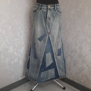 Handmade M Denim patchwork skirt waist 31", Casual long skirt of shabby jeans, Blue jean skirt in hipster style